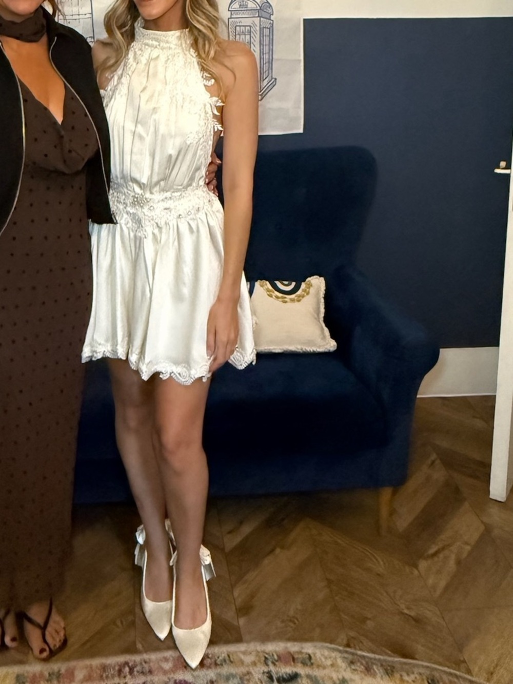 Miss Circle Idalia Pearl White Beaded Lace Trim Backless Halter Mini Dress